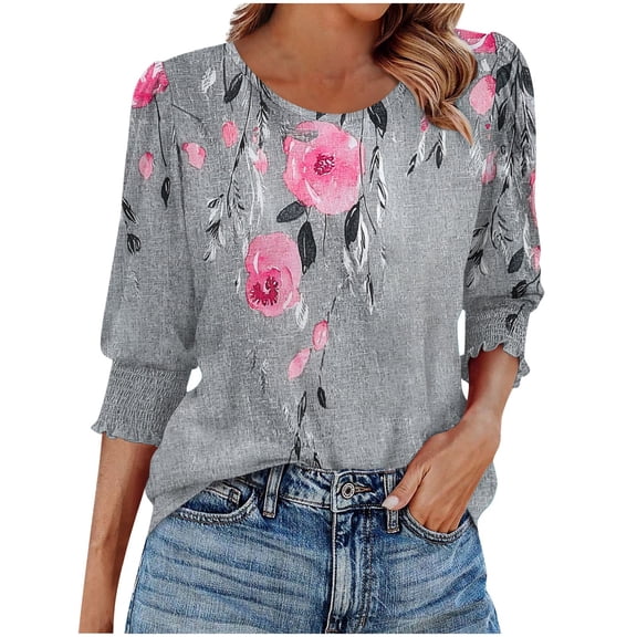 Tops for Women under $5 3/4 Sleeve Round Neck Casual Printed Blouses Shirts Gray S