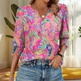 thumbnail image 1 of Tops for Women under $5 3/4 Sleeve V-Neck Elastic Cuffs Printed Casual T-Shirt Hot Pink S, 1 of 6