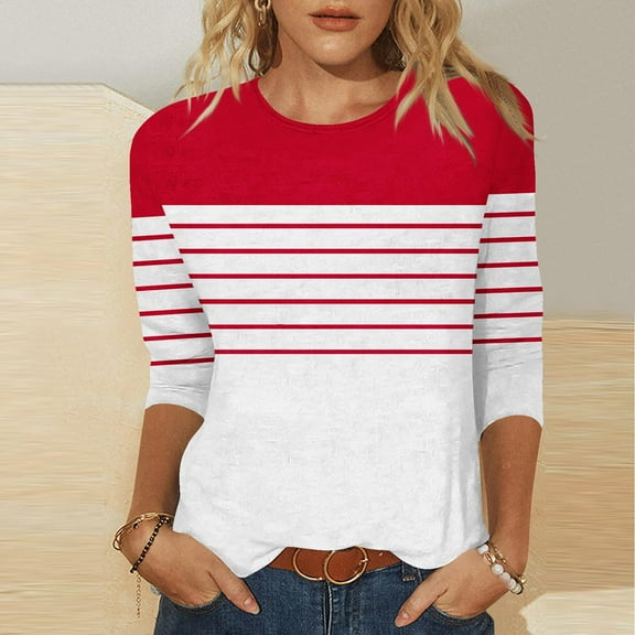 Tops for Women under $5 3/4 Sleeved Round Neck Loose Blouses Printed T-Shirt Red