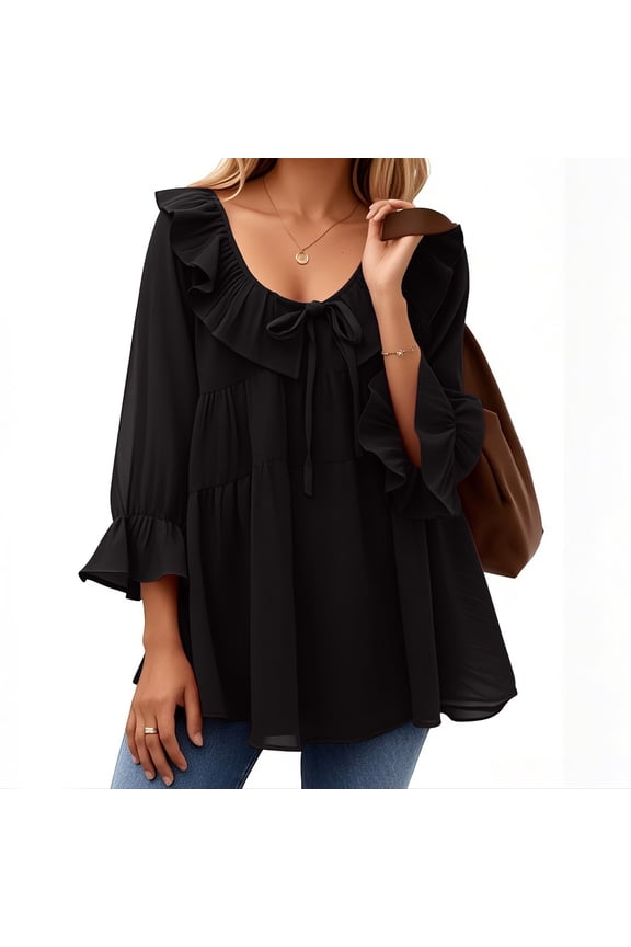 Tops for Women under $5 3/4 Sleeved Ruffled Round Neck Pleats Casual Shirt Summer Work Shirt Black S