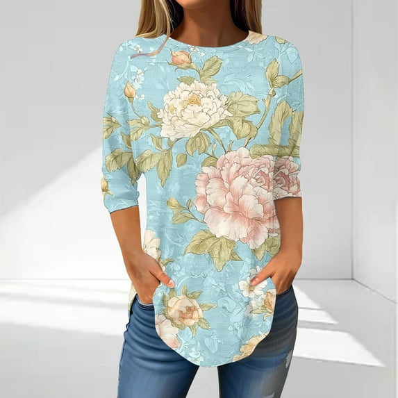 Tops for Women under $5 3/4 Sleeves Printed Round Neck Casual Non-Positioned T-Shirt Light Blue L