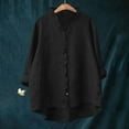 thumbnail image 1 of Tops for Women under $5 Cotton Linen 3/4 Sleeve V Neck Buttons Ruffles Summer Solid Shirts Black, 1 of 6