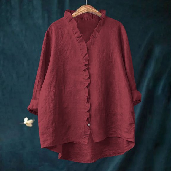 Tops for Women under $5 Cotton Linen 3/4 Sleeve V Neck Buttons Ruffles Summer Solid Shirts Wine