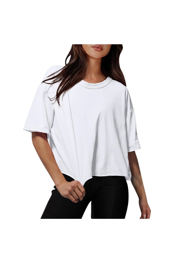 Tops for Women under $5 Drop Shoulder Round Neck Oversized Crop Workout Tops Tees White S