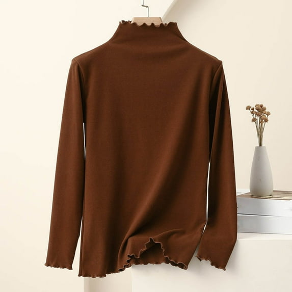 Tops for Women under $5 Long Sleeve Round Neck Solid Color Undershirt Coffee XL