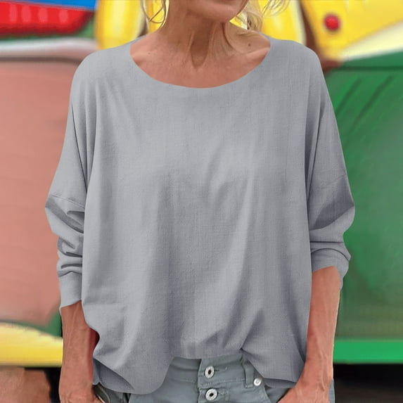 Tops for Women under $5 Long Sleeved Round Neck Solid Color T-shirt Gray