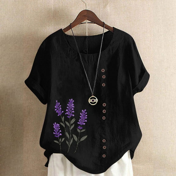 Tops for Women under $5 Short Sleeve Button Floral Print Casual T-shirt Blouse Black L