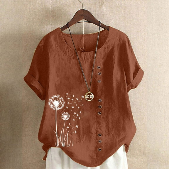 Tops for Women under $5 Short Sleeve Button Floral Print Casual T-shirt Blouse Coffee L