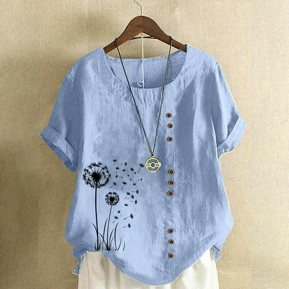 Tops for Women under $5 Short Sleeve Button Floral Print Casual T-shirt Blouse Light Blue L