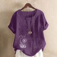 thumbnail image 1 of Tops for Women under $5 Short Sleeve Button Round Neck Casual Floral Printed T-shirt Blouse Purple L, 1 of 4