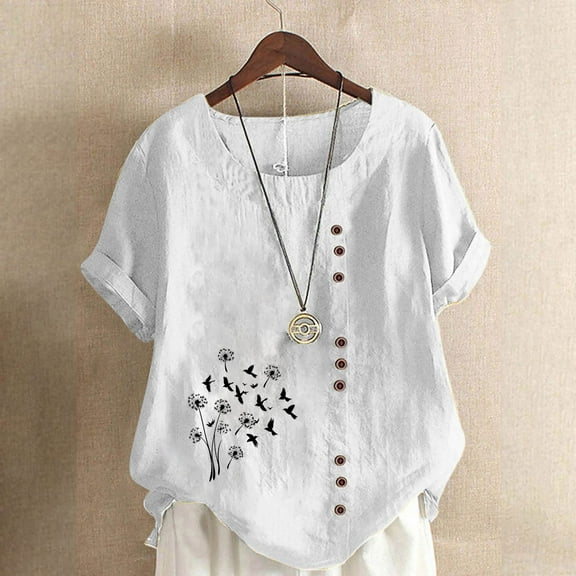 Tops for Women under $5 Short Sleeve Button Round Neck Casual Floral Printed T-shirt Blouse White L