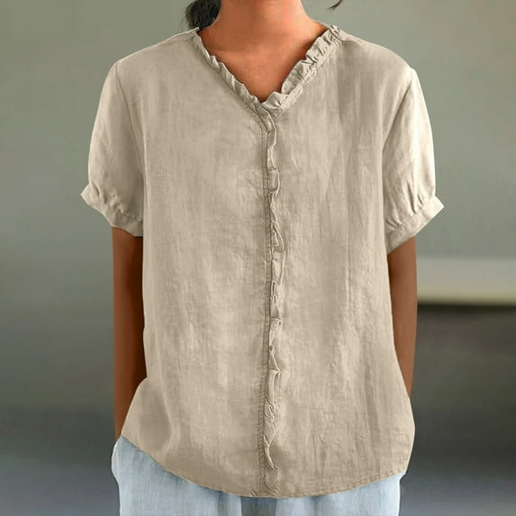 Tops for Women under $5 Short Sleeve Cotton Linen V-Neck Lace Casual Solid Shirt Blouse Beige S