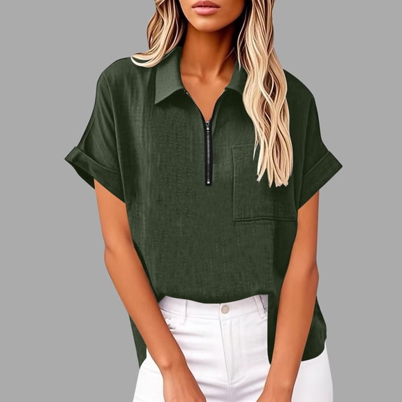 Tops for Women under $5 Short Sleeve Lapel Loose Zip Tunic Summer Work Clothes Shirt Blouse Army Green S
