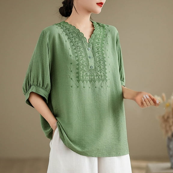 Tops for Women under $5 Short Sleeve Round-Neck Buttoned Casual Blouses Green M