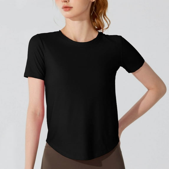 Tops for Women under $5 Short Sleeve Round-Neck Casual Solid Color Sports Yoga Blouses Black