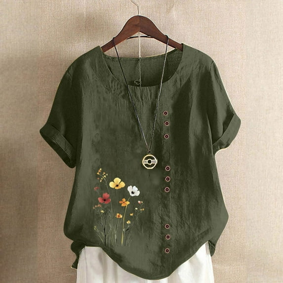 Tops for Women under $5 Short Sleeve Round-Neck Floral Printed T-shirt Army Green