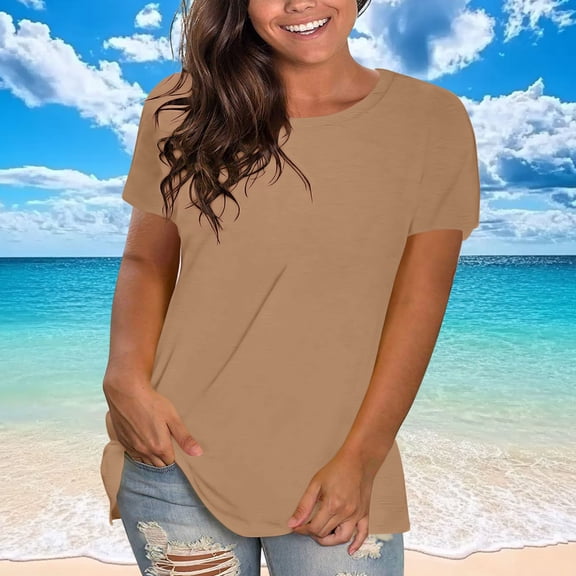 Plus Size Tops for Women Short Sleeve Round-Neck Pullover Solid Loose T-shirt Khaki XXXXXL