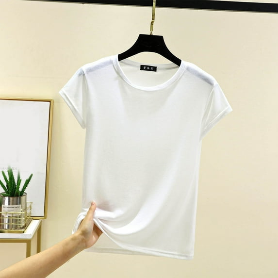 Tops for Women under $5 Short Sleeve Round Neck Summer Casual Solid Color Loose Blouses White M
