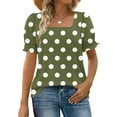 thumbnail image 1 of Tops for Women under $5 Short Sleeve Square Neck Polka Dot Printing Casual Loose T-shirt Army Green S, 1 of 6