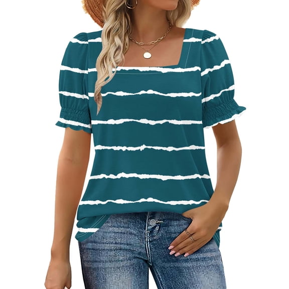 Tops for Women under $5 Short Sleeve Square Neck Stripe Printing Casual Loose T-shirt Navy S