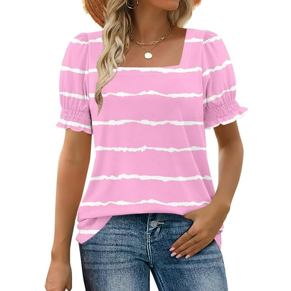 Tops for Women under $5 Short Sleeve Square Neck Stripe Printing Casual Loose T-shirt Pink S