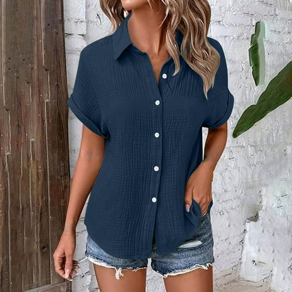 Tops for Women under $5 Short Sleeve Turndown Collar Button Solid Color Blouse Navy S