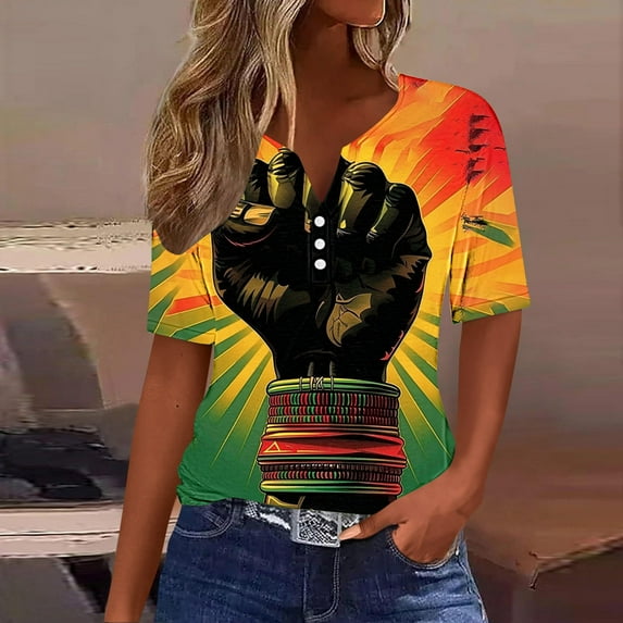 Tops for Women under $5 Short Sleeve V-neck Button Up Independence Day Printed Shirt Multicolor