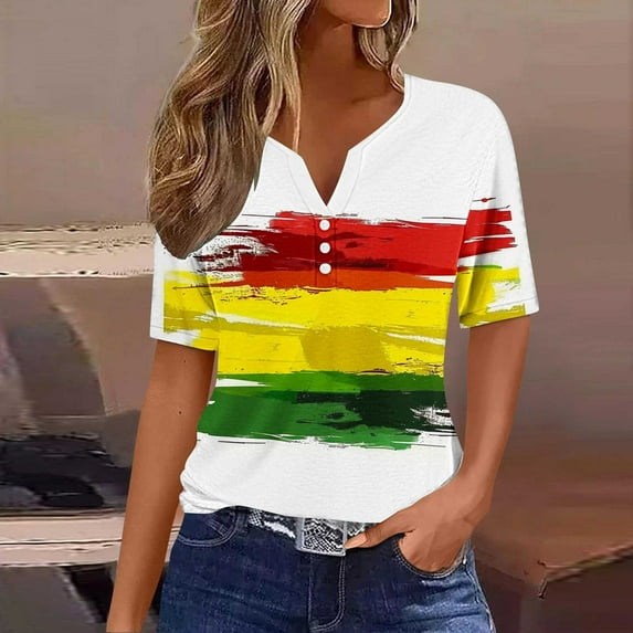 Tops for Women under $5 Short-Sleeved Color Block V-Neck Casual Blouse Multicolor