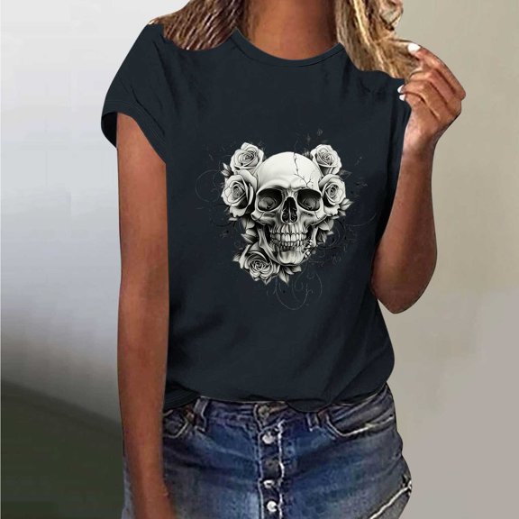 Tops for Women under $5 Short Sleeved Printed Round Neck T-shirt 3-Black S