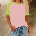 thumbnail image 1 of Tops for Women under $5 Short Sleeved Round Neck Color Block Printed Pullover T-shirt Pink, 1 of 5