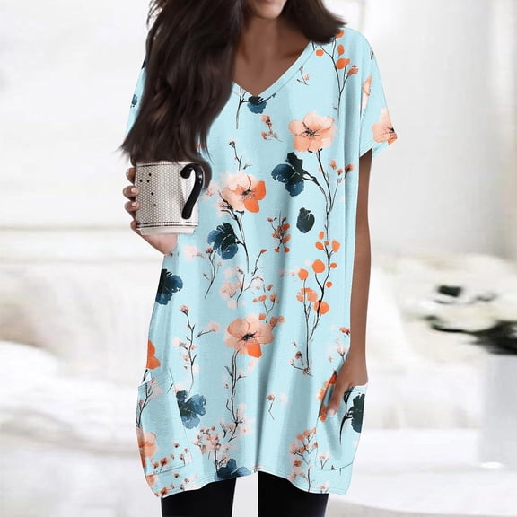 Tops for Women under $5 Short Sleeved V-Neck Floral Print Double Pocket Pullover T-shirt Light Blue S