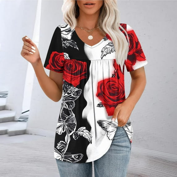 Tops for Women under $5 Short Sleeved V-Neck Print Pleated Casual Summer Blouses for Women 2025 Trendy T Shirts Red XL