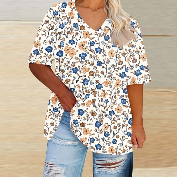 Tops for Women under $5 Short Sleeved V-Neck Printing Plus Base T-shirt White