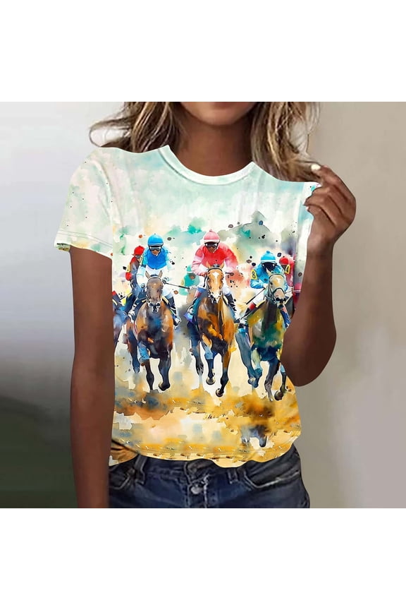 Tops for Women under $5 Short-sleeved Round Neck Pullover Horse Printed Casual T-shirt Multicolor
