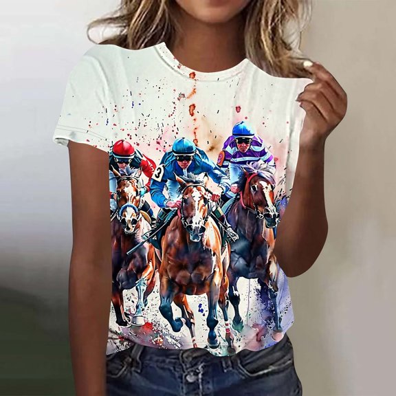 Tops for Women under $5 Short-sleeved Round Neck Pullover Horse Printed Casual T-shirt Multicolor