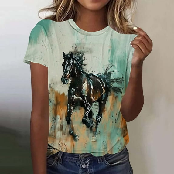 Tops for Women under $5 Short-sleeved Round Neck Pullover Horse Printed Casual T-shirt Multicolor