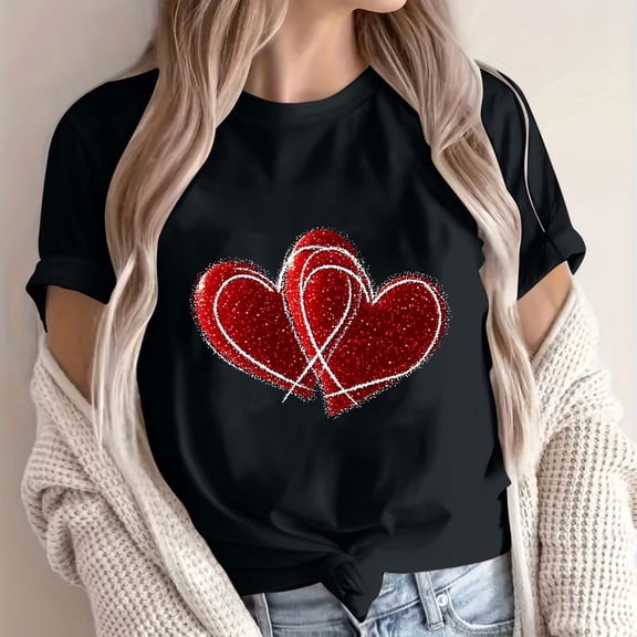 Tops for Women under $5 Valentine's Day Short Sleeve Round Neck Print T-Shirt Black XL