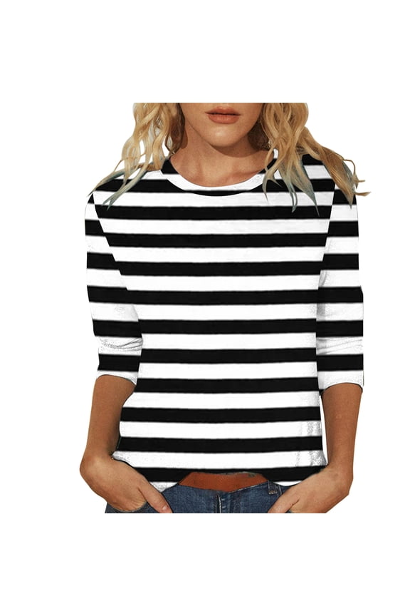 Tops for Womens Casual Summer Tops Three Quarter Sleeve Round Neck Tee T Shirt Printed Loose Side Split Tunic Blouse