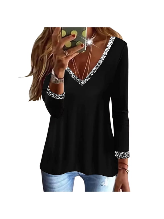 Tops for Womens Casual Tops BlingBling Print Long Sleeve V Neck Tee Shirt Loose Side Split Blouse Tunic T Pack 2XL