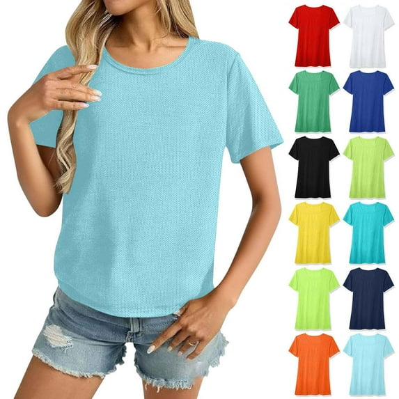 Tops for Womens Crew Neck Summer Sky Blue Sports Quick Drying Breathable Solid Color Short Sleeve Fashion Outfits Clothes Loose Fit 4XL