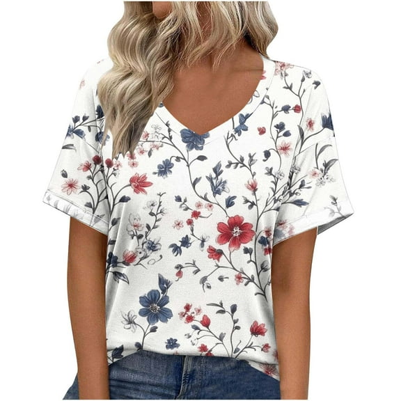 Tops for Womens Fashion Summer Tshirts Floral Short Sleeve V Neck Tee Shirts Going Out Basic Tunic