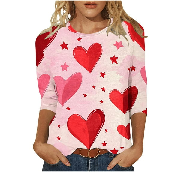 Tops for Womens Valentine's Day 3/4 Sleeve Tshirts Fashion Cute Heart Graphic Tee Shirts Outfits