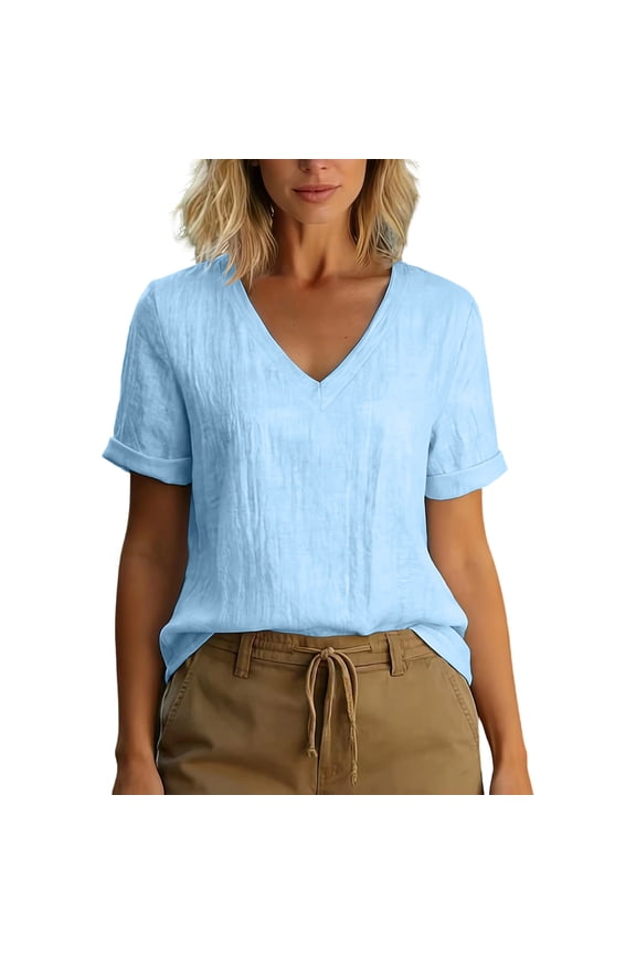 Tops fow Women Breathable Soft Loose Roll Up Short Sleeve Flowy Tops Summer Casual V Neck Basic Solid Pullover Blouses