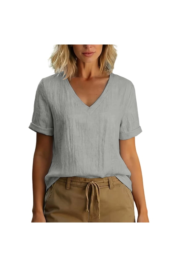 Tops fow Women Breathable Soft Loose Roll Up Short Sleeve Flowy Tops Summer Casual V Neck Basic Solid Pullover Blouses