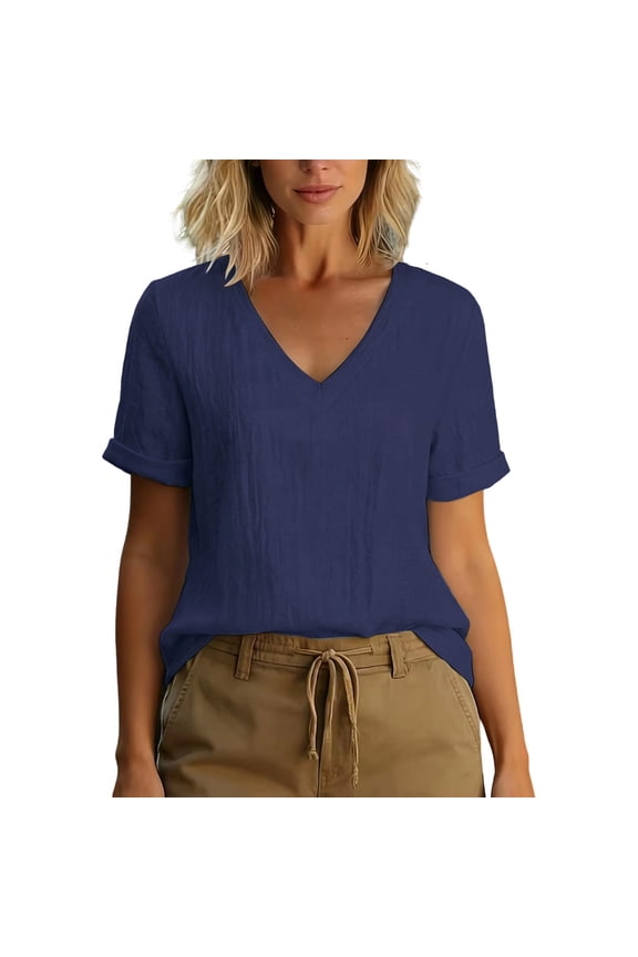 Tops fow Women Breathable Soft Loose Roll Up Short Sleeve Flowy Tops Summer Casual V Neck Basic Solid Pullover Blouses