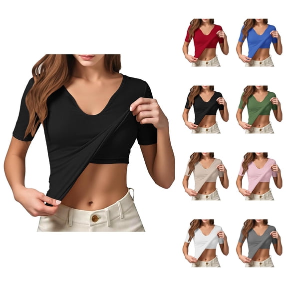 Tops with Built in Bra for Women Summer Casual Short Sleeve V Neck Slim Fit Padded Plain Basic T Shirts