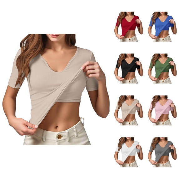Tops with Built in Bra for Women Summer Casual Short Sleeve V Neck Slim Fit Padded Plain Basic T Shirts