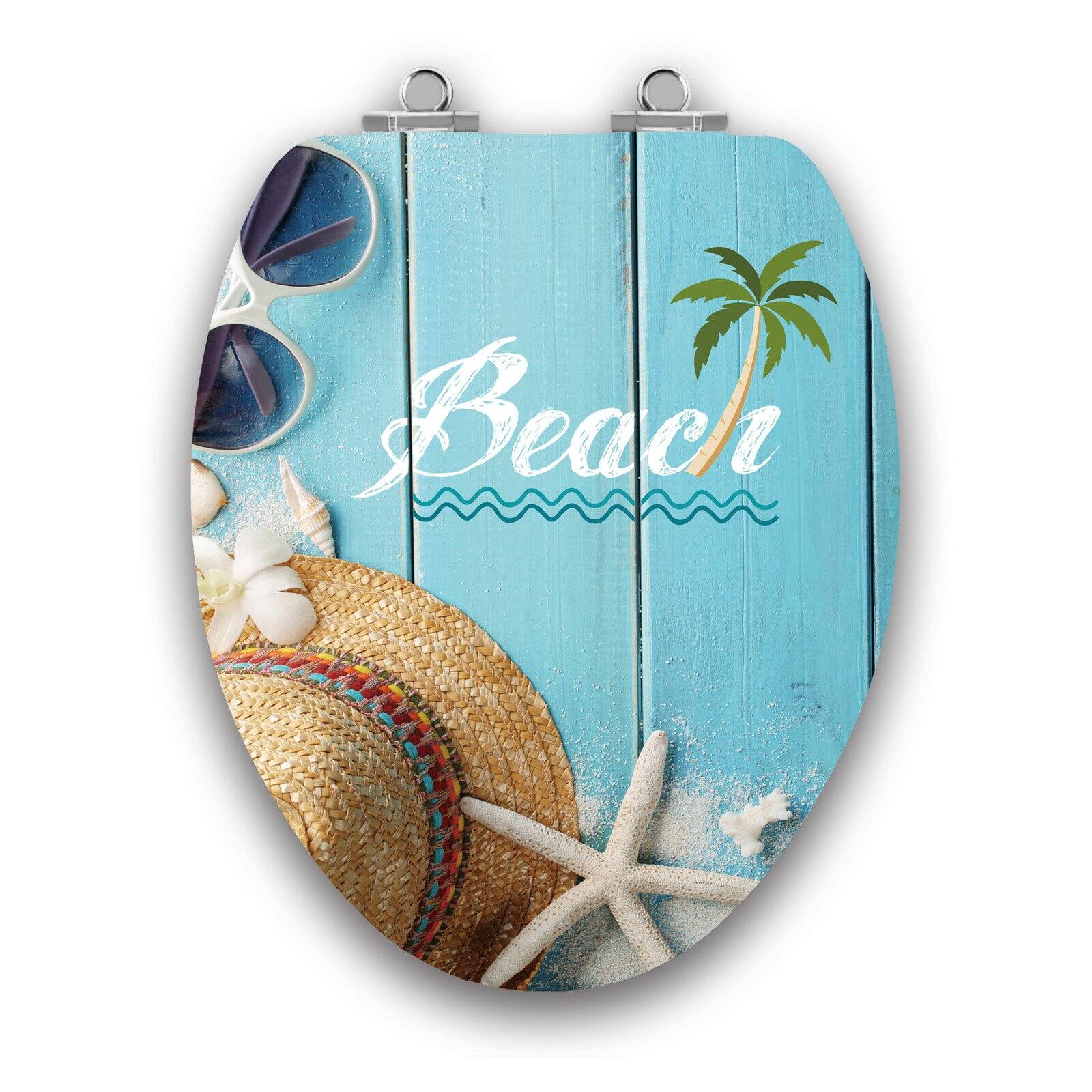 Beach Themed Blue Wood Elongated Toilet Seat with Acrylic Coating