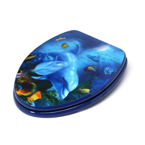Topseat 6TS3E1151CP 3D Ocean Series Dolphin Mother and Calf Elongated Toilet Seat