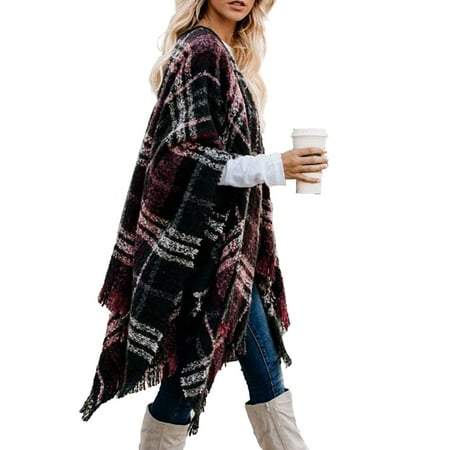 Topshe Women's Plaid Sweater Poncho Oversize Cape Coat Open Front Blanket Shawls Wraps Tassel